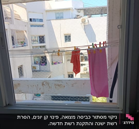 חלון עם רשת יונים ובגדים תלויים לייבוש